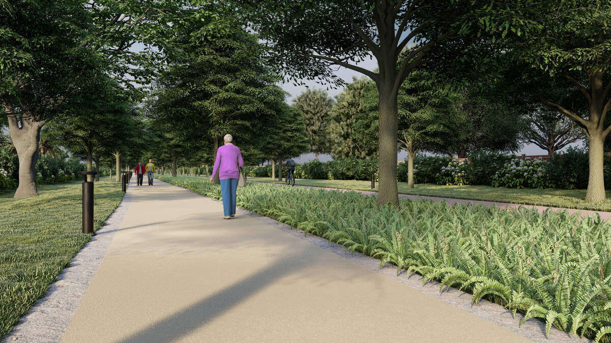 An artistic rendering shows separated paths for walking and for cycling and new shade trees and landscaping along the planned Ludlam Trail.